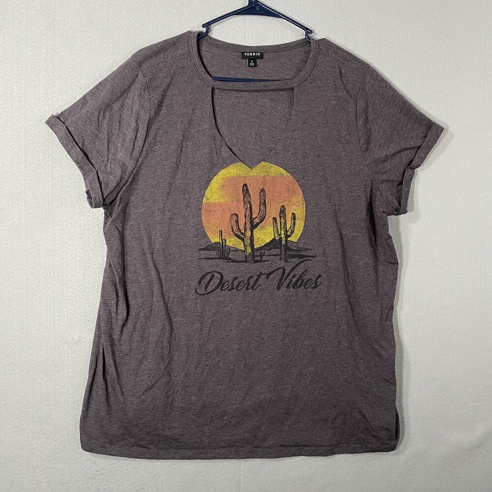 Torrid Desert Vibes V Neck Choker T Shirt Gray Cactus Sunset Woman’s Size 2x